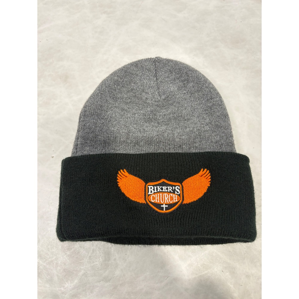 Port & Company Bikers Church Embroidered Beanie Grey Black Cuffed Knit Hat